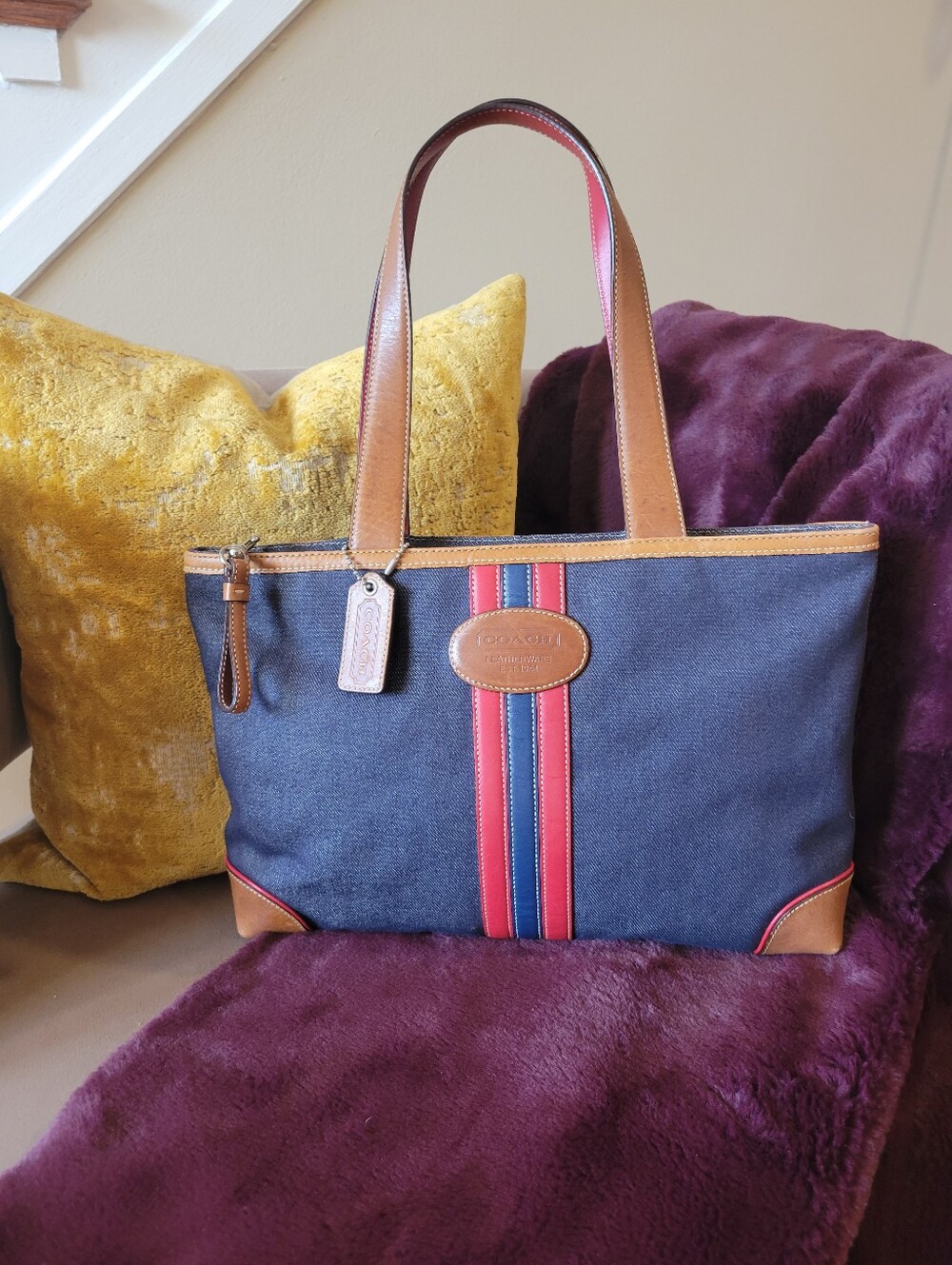 Vintage Coach Varisty Stripe Denim And Leather City Tote